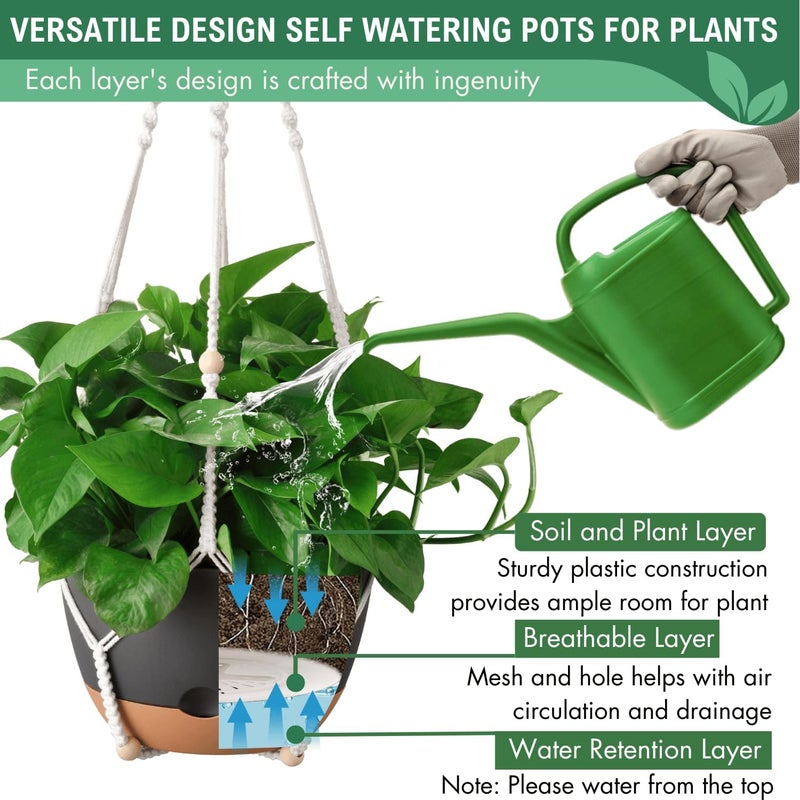 TIMOSUKI 10 Inch Hanging Planters for Indoor Plants,Set of 2 Hanging Pots for Plants with Self-Watering, Outdoor Hanging Plant Pot with Drainage and 2 Kinds of Hanging Baskets Hangers for Home Decor and Garden - Image 5